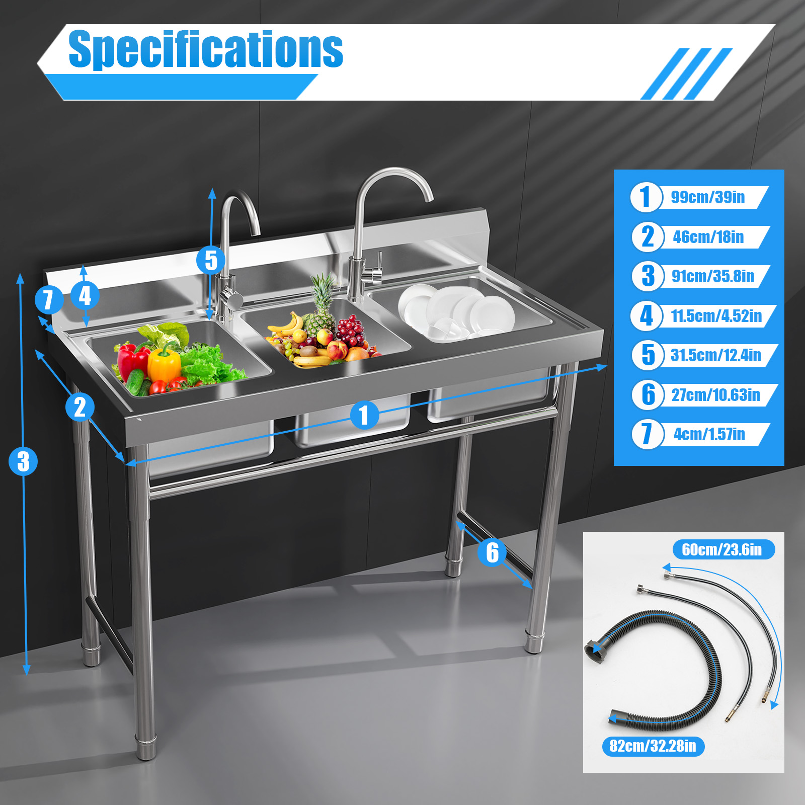 304 Stainless Steel 3 Basin Ki - Commercial Kitchen Taps ulasan dan harga